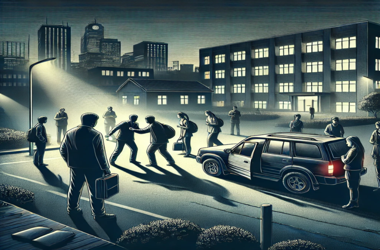 A conceptual illustration depicting a tense confrontation between a group of young medical students in an urban setting at night. A car is parked near